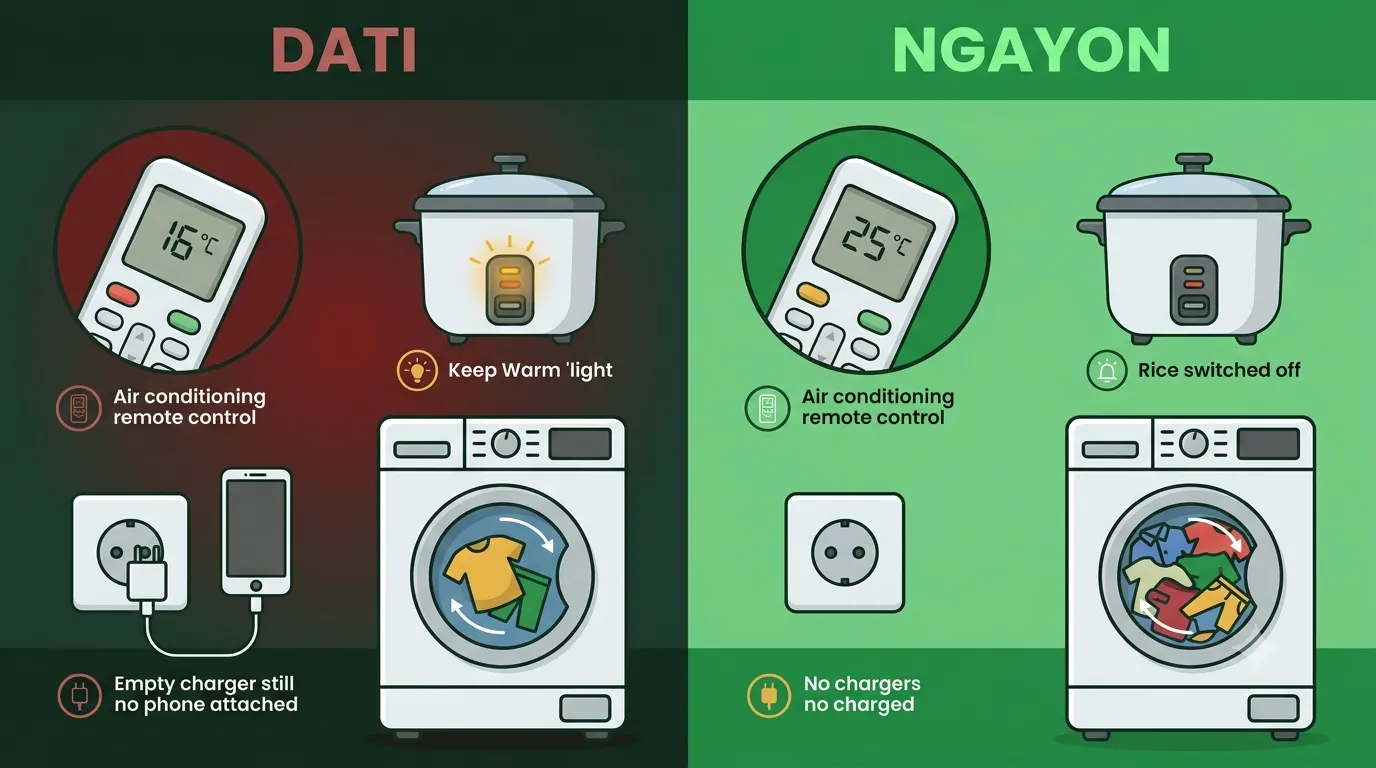 How to Lower Your Meralco Bill by ₱500–₱1,000 Every Month — Tested Tips Before and after comparison of electricity-saving habits in a Filipino household