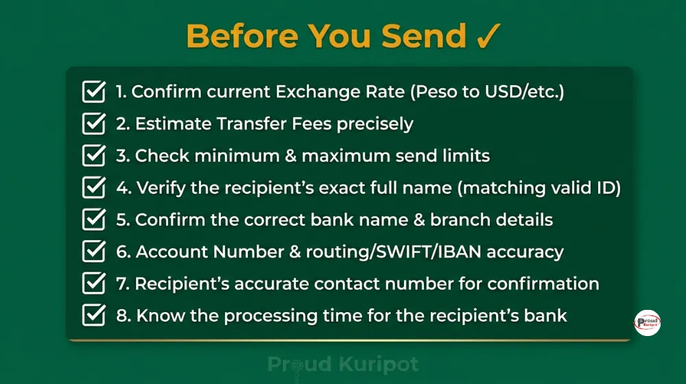 Infographic ng 8-step OFW remittance checklist bago magpadala ng pera sa Pilipinas